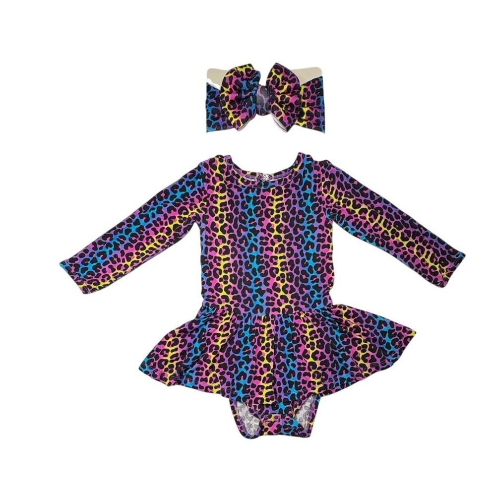 Bums & Roses Bamboo Rainbow Leopard Ruffled Twirl Dress w/Headwrap 2T